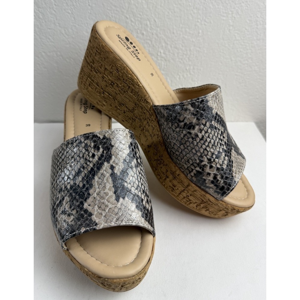 Spring Step Python Leather Cork Wedge Platform Peep Toe Slip On Sandal Size 39/8